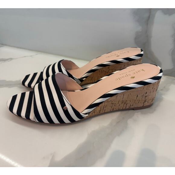 KATE SPADE NEW YORK LINDA WEDGE SANDALS NWOT SIZE 8.5 BLACK/WHITE CANVAS - Picture 4 of 6